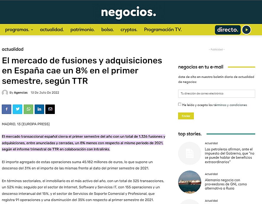 El mercado de fusiones y adquisiciones en Espaa cae un 8% en el primer semestre, segn TTR